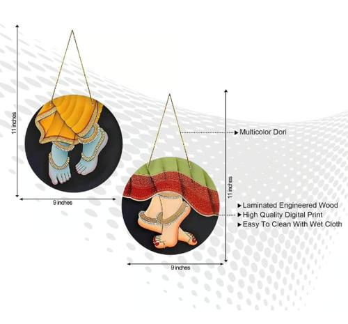 Hand-painted Radha Krishna Feet Traditional Indian Art Round Wooden Wall Plates