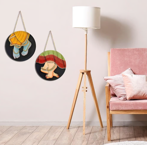 Hand-painted Radha Krishna Feet Traditional Indian Art Round Wooden Wall Plates