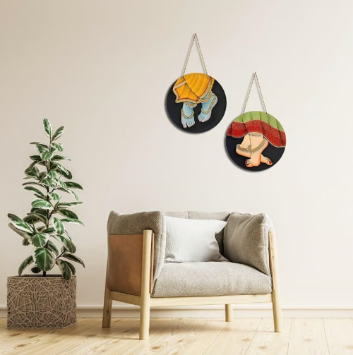 Hand-painted Radha Krishna Feet Traditional Indian Art Round Wooden Wall Plates