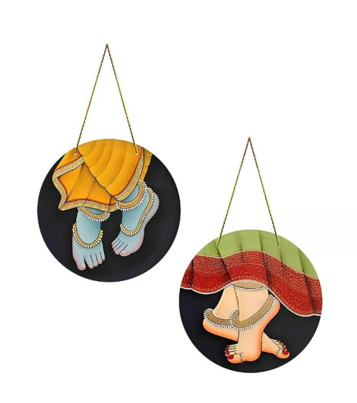 Hand-painted Radha Krishna Feet Traditional Indian Art Round Wooden Wall Plates